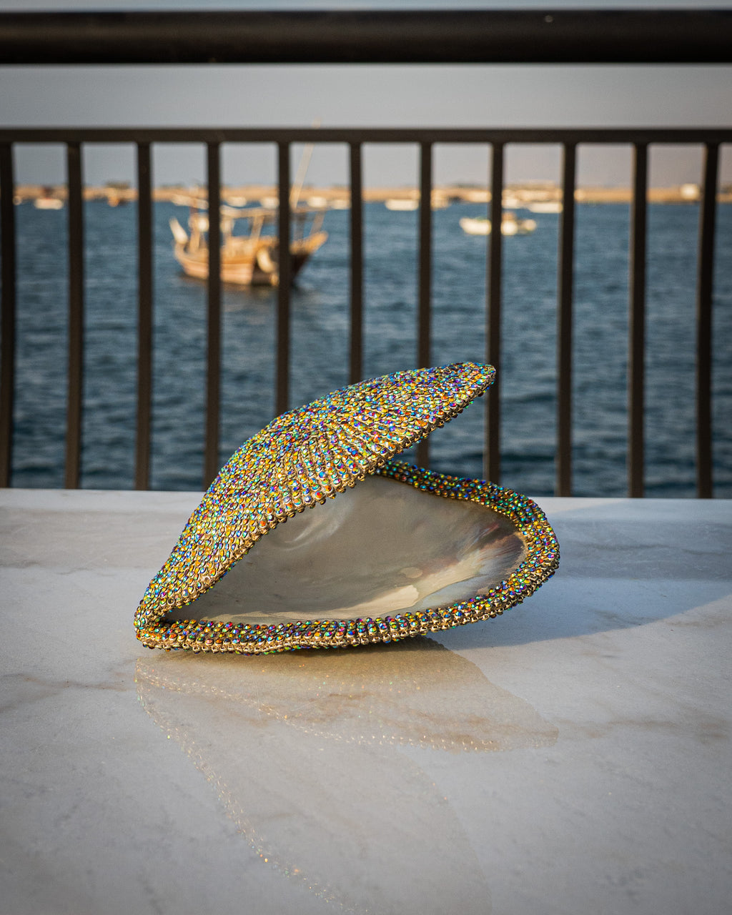 Rare large jeweled mother of pearl oyster
